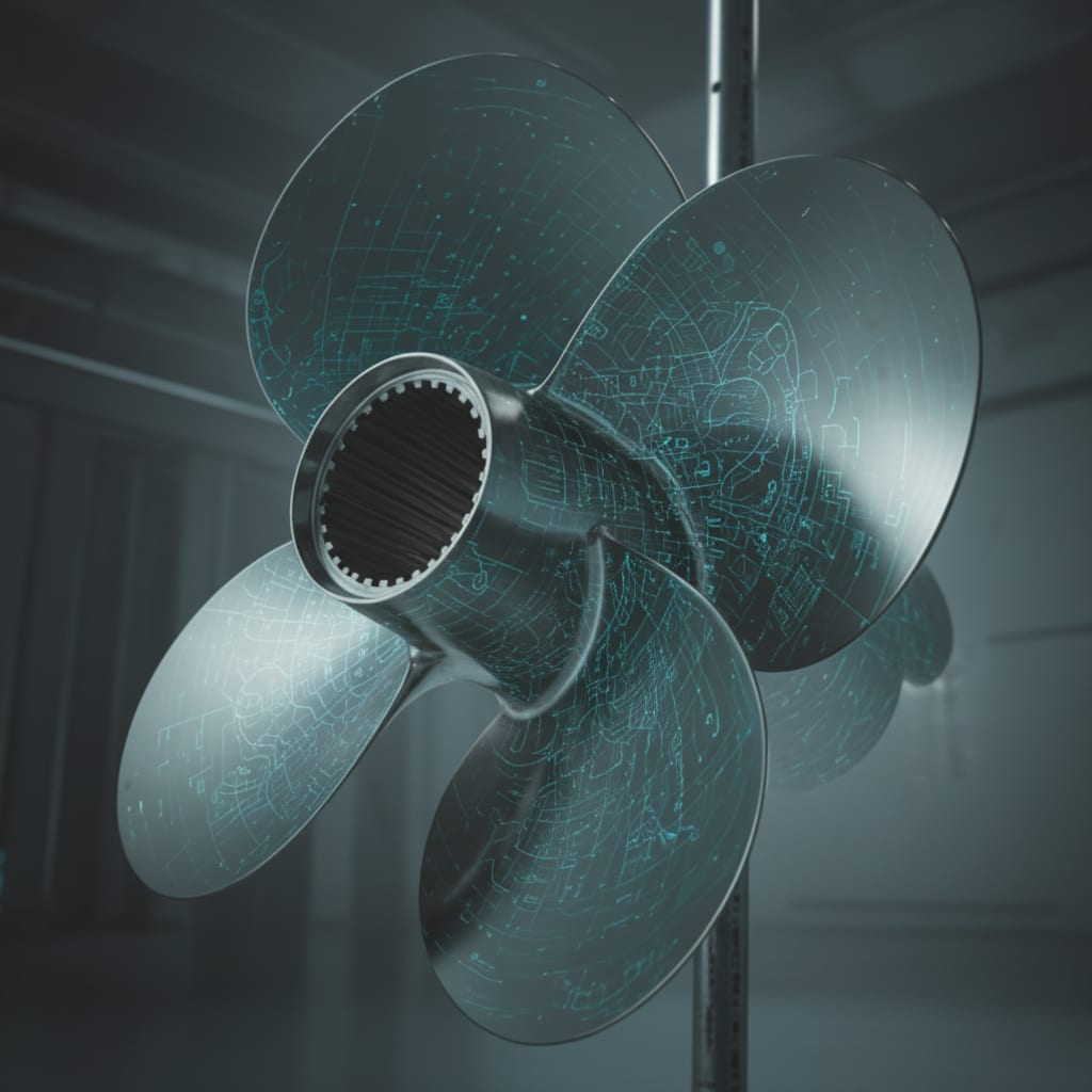 A sleek chrome boat propeller, close-up, studio lighting on a dark background.